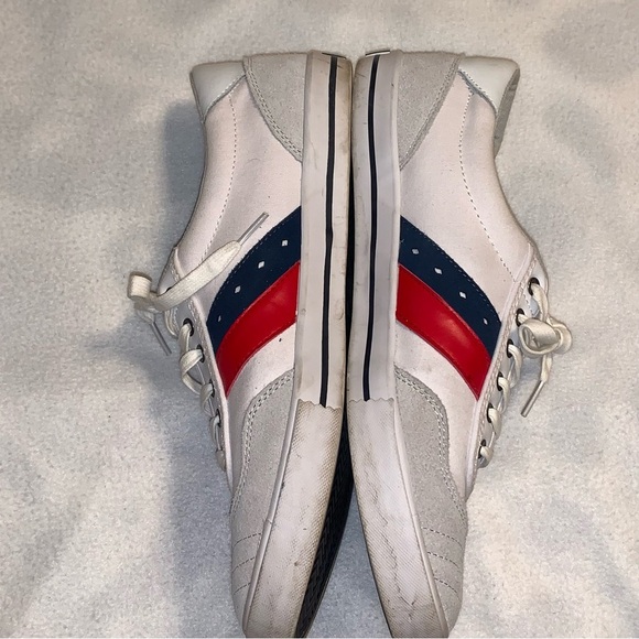 Original Penguin Mens Sz 12 Sneakers White Red/Blue Stripes Canvas Leather - Picture 3 of 9